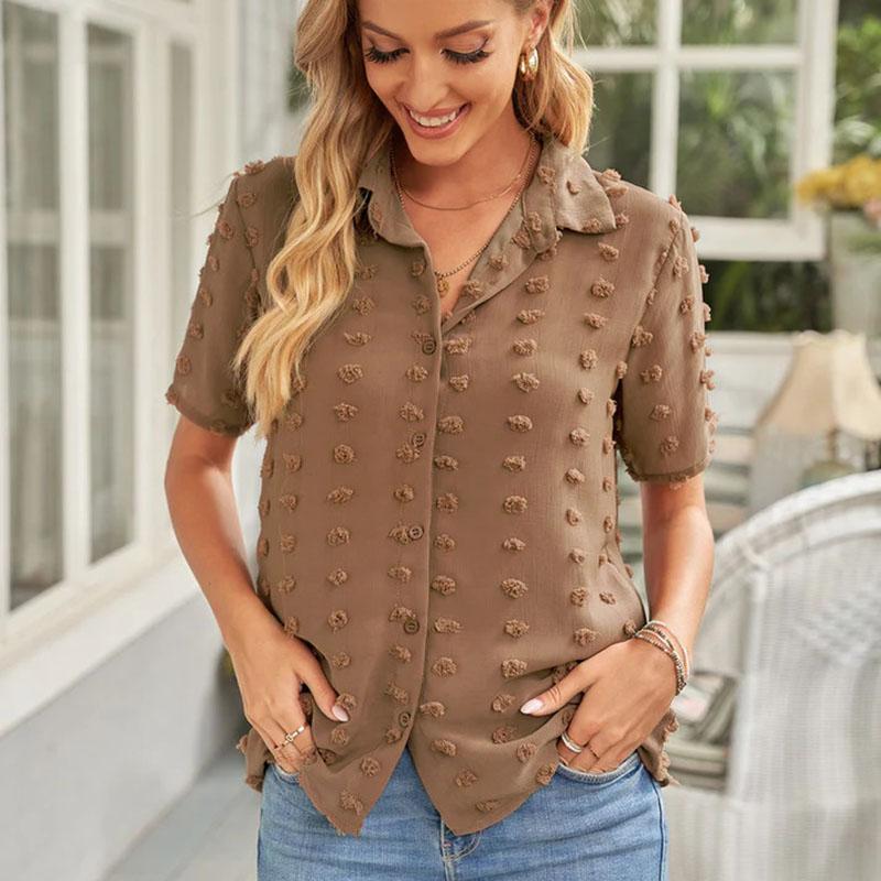 

Женская летняя однотонная свободная блузка с коротким рукавом и лацканами, универсальная рубашка, топ XL дубильная кора