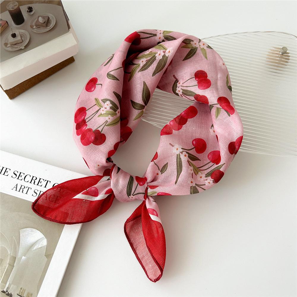 55cm Girls Cotton Linen Spring Square Scarf for Women Chic Headband Fashion Decorative Hairband Floral Neck Scarf