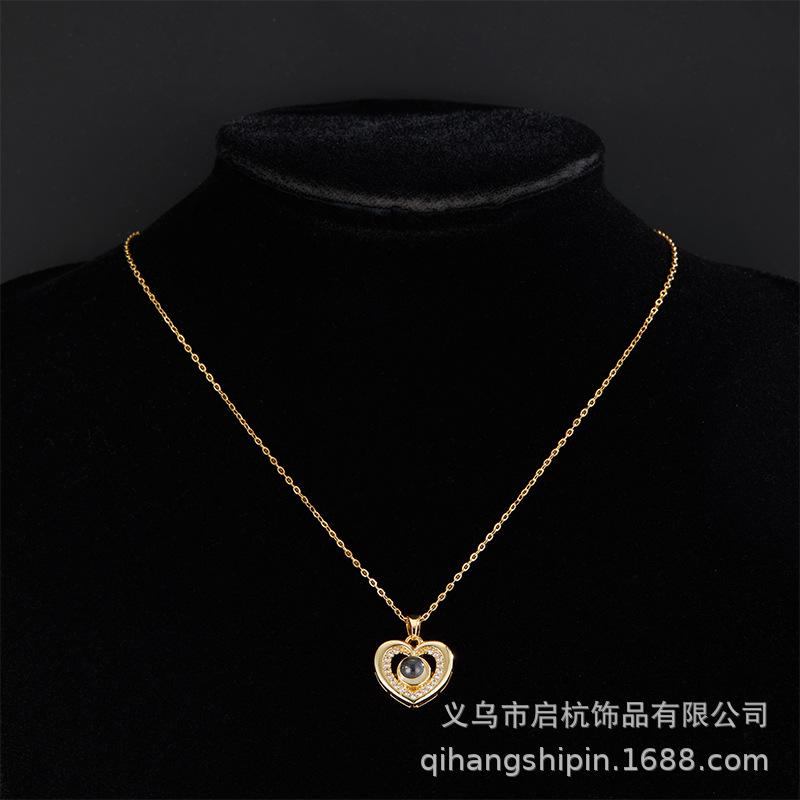 24 Projection Double Love Necklace Women'S Light Luxury Simple And Sweet 100 Languages I Love You Heart Pendant