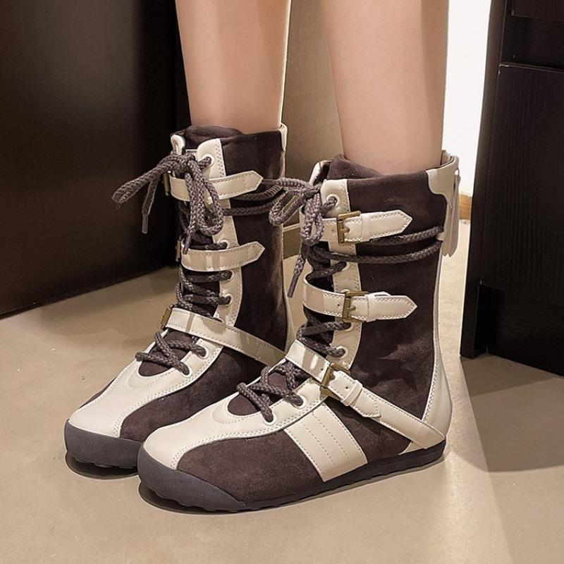 Fashion Thick Soled Contrasting Color Boxing Boots for Women,winter New Retro Lace Up Short Boots with Belt Buckle High Top Casual Boots