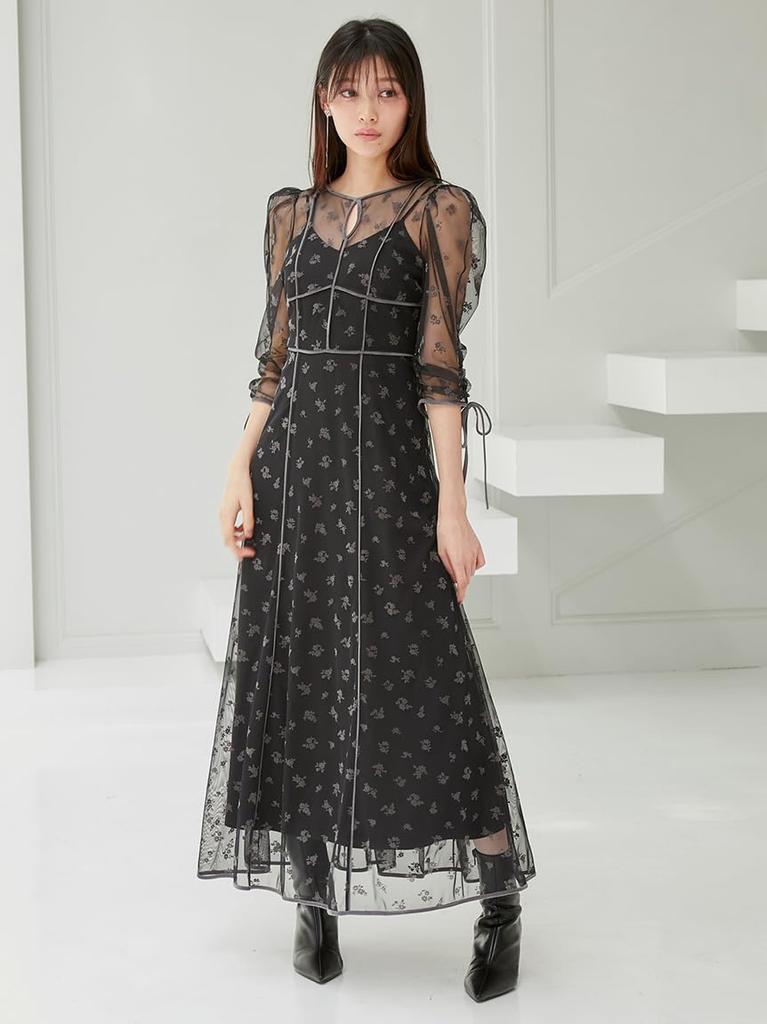 Sustainable Flocked Print Dress SWFO245031 BLK [Snidel] Women's