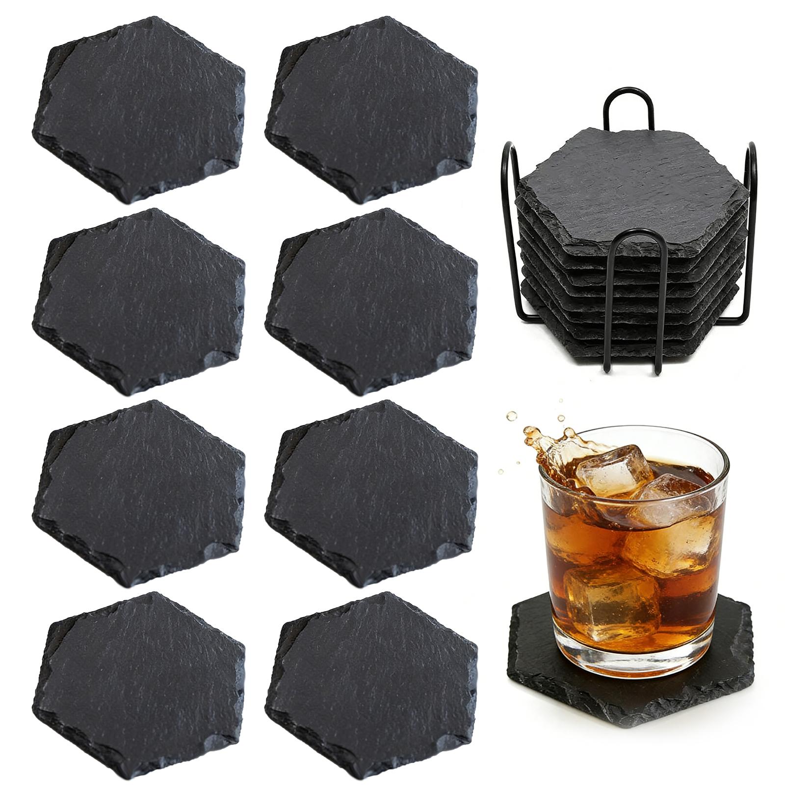 Square Slate Drink Coasters Set with Anti-Scratch Bottom Black Slate Stone Coasters for Drink Coffee Bar Kitchen Home Decor