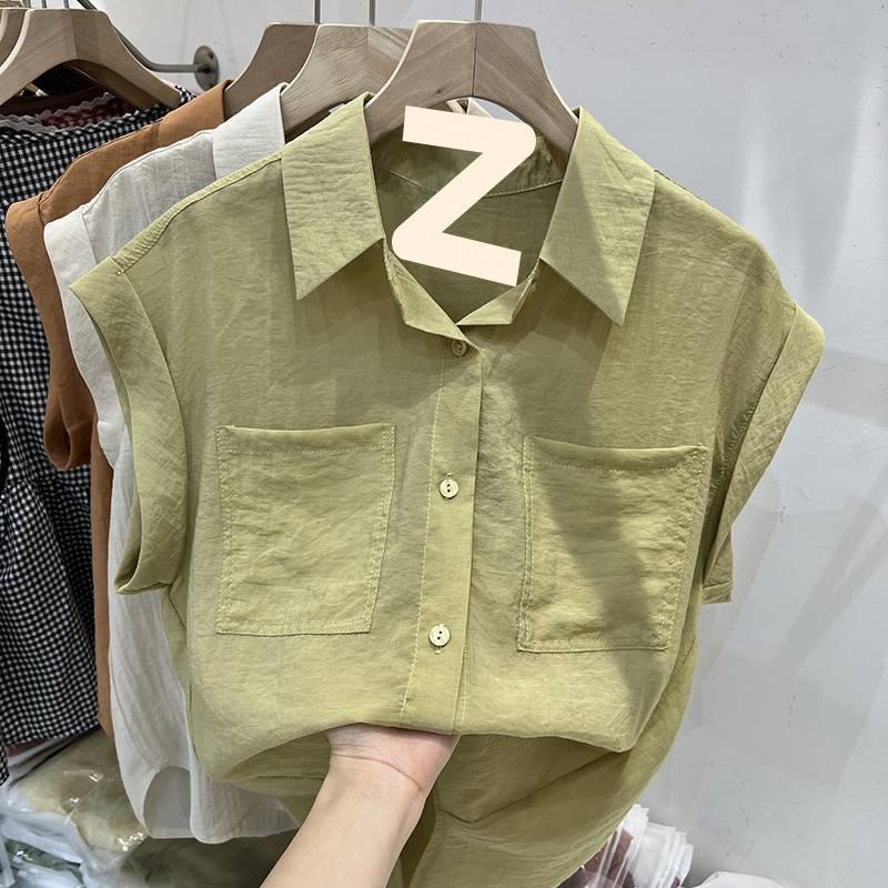 Summer Double Pocket Sleeveless Thin Shirts Loose Solid Color Pure Cotton Women's Blouses & Shirt