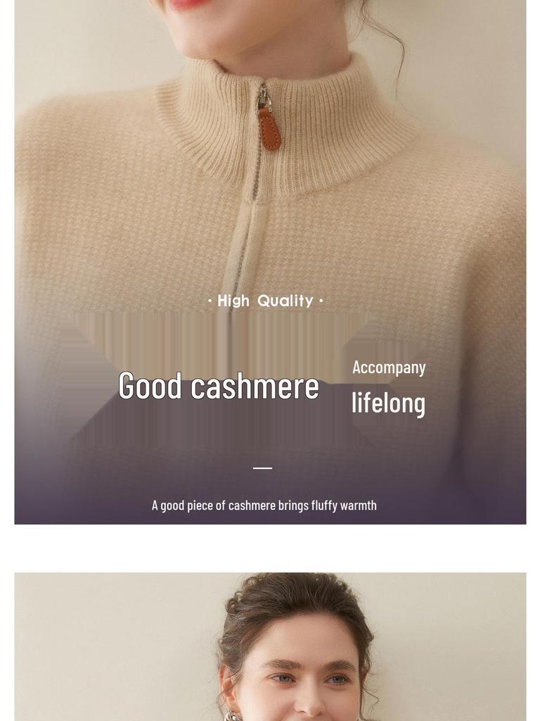 Thickened Stand Collar Half-Zip Cashmere Bobble Stitch Women's Pullover