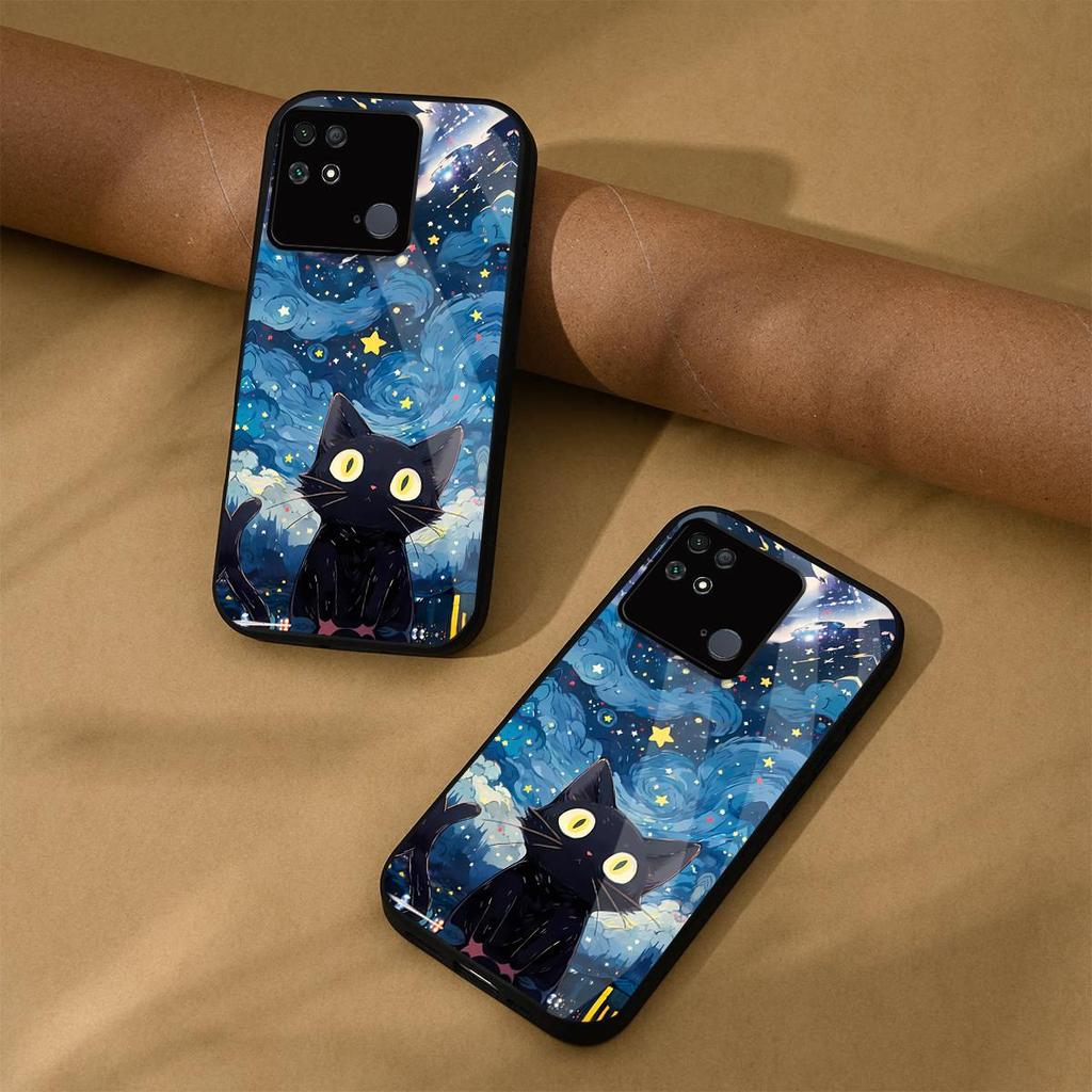 Case for Xiaomi POCO C40 Anime Black Cat Starry Cloud Print Phone Cover Acrylic Hard Back Shell With Flexible TPU Edge