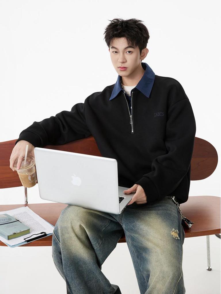 Unisex Heavyweight Faux Two-Piece Half-Zip Polo Sweatshirt, Autumn College Style, Lapel, Pullover, Loose Casual Top, Trendy.