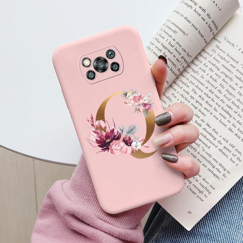 Letter Case For Poco X3 NFC PocoX3 Pro Back Cover Retro Flowers Pink Black Soft TPU Initial Fundas For Xiaomi Poco X 3 Pro Coque