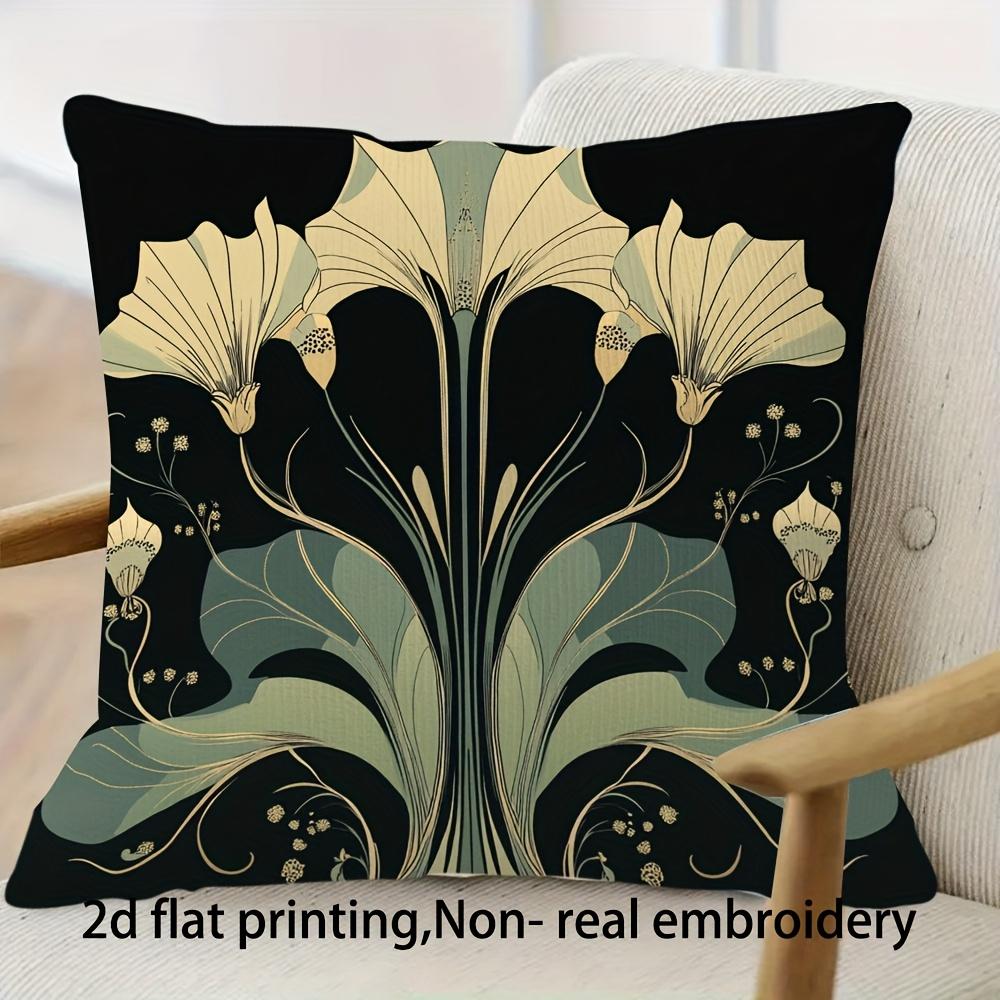 Short Plush “Art Nouveau Iris” Pillowcase Double Sided Flat-Printed Zipper Cushion Cover Black Background Botanical Decor