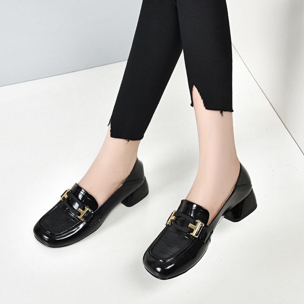 Round head spring and autumn style square head temperament single shoes embossed cowhide thick heel foot cover one shoe two wear women's shoes