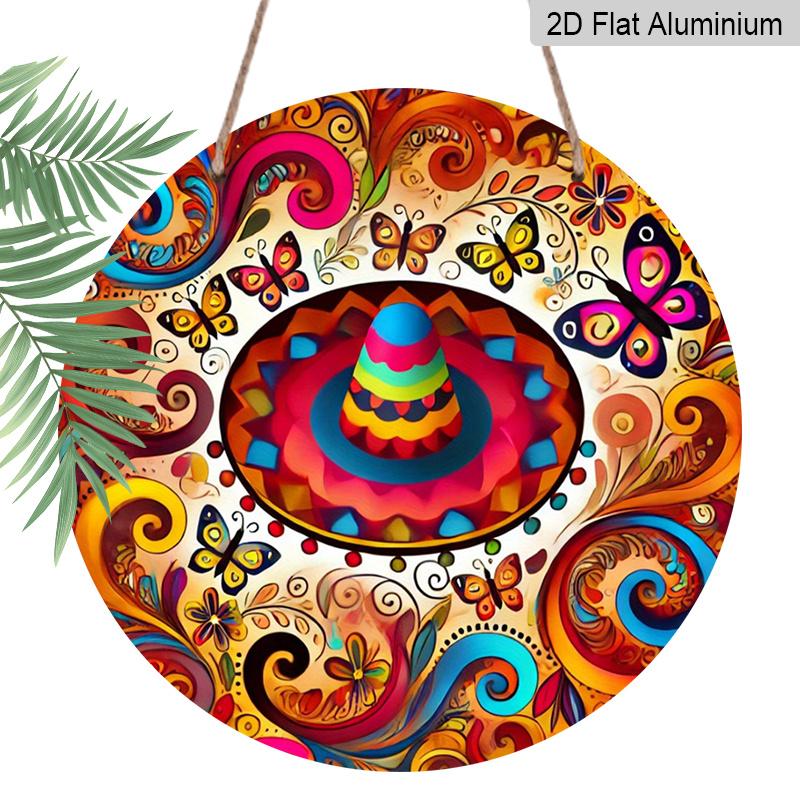 

2D Flat, 1pc Mexican Hat Wall Decor - Aluminum Metal with Vibrant Sombrero & Mariachi Design, Round Pre-Adhesive Suitable for Home, Kitchen, Office 1pc