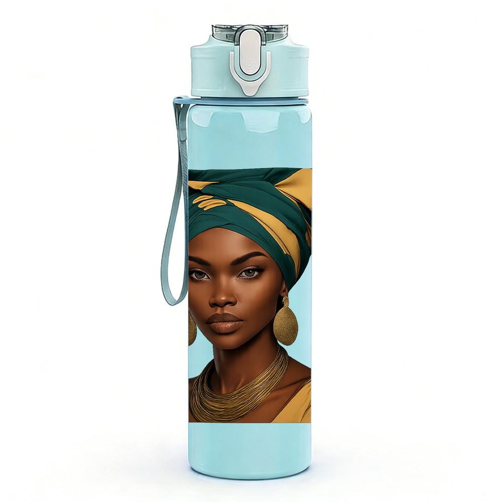 1PC African Woman Ethnic Art Portrait Print 750ml Color Plastic Sports Water Bottle Leakproof Flip Straw Lid Suitable for Sports Office Home Use