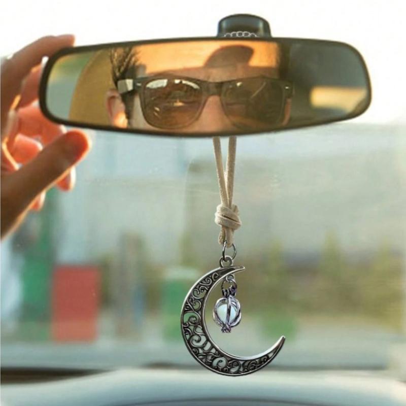 Vehicle Interior Pendant with Silver Tone Finish, Attached Cord, and Glowing Moon Pendant for Car Mirror Area
