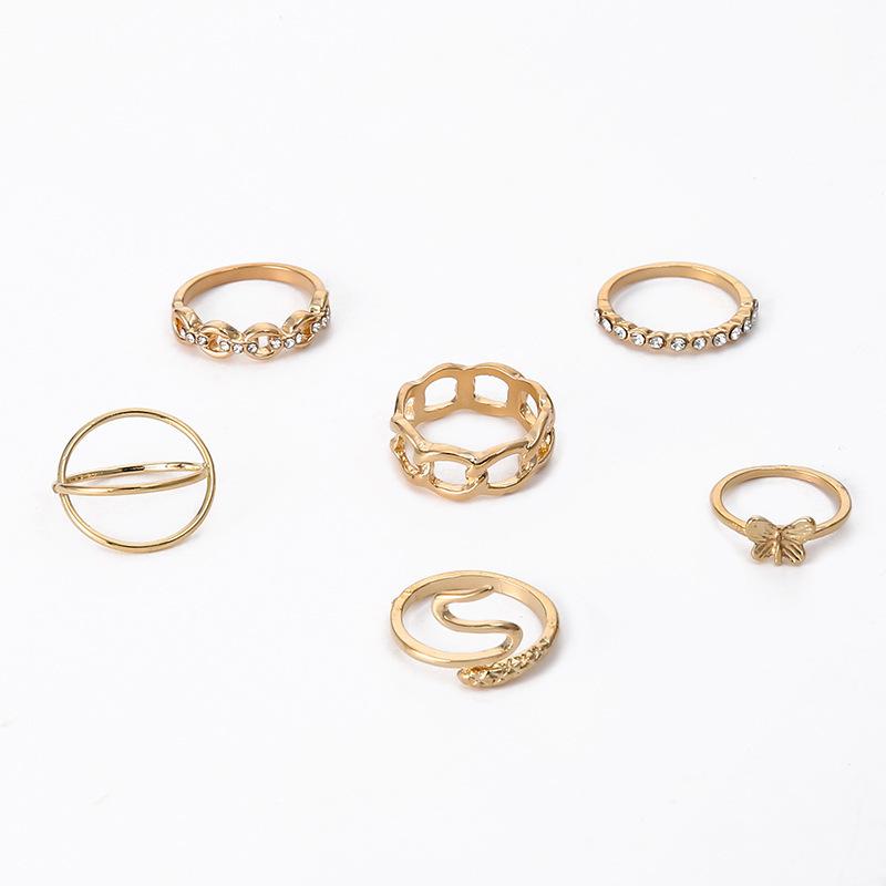 Chain Metal Element Retro Diamond-Set Hollow Butterfly Cross Snake Ring 6-Piece Set