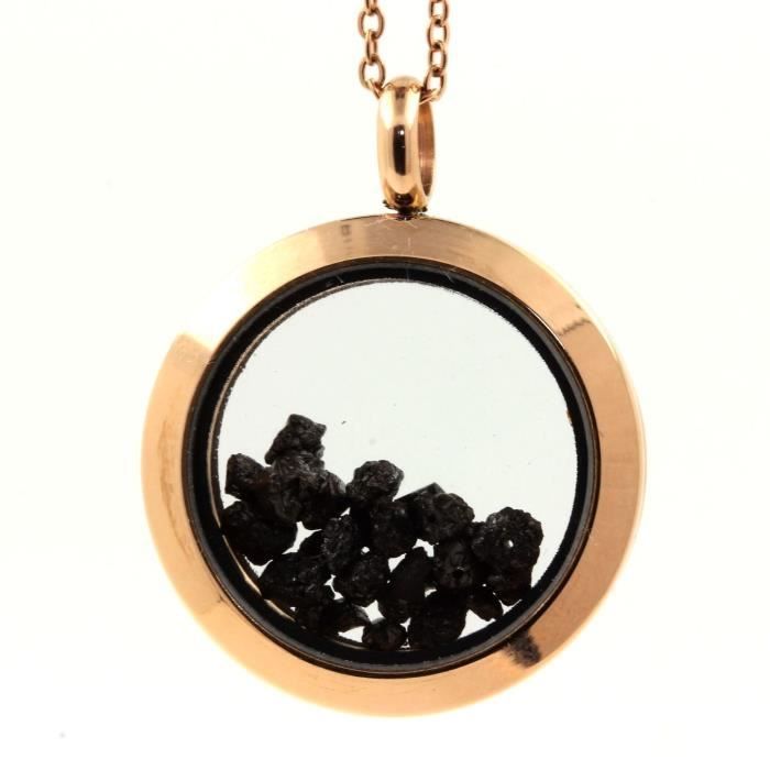 Collier Diamant noir brut - ABIJOUX - Médaillon 30 mm - Or rose - Acier inoxydable - Verre flotté
