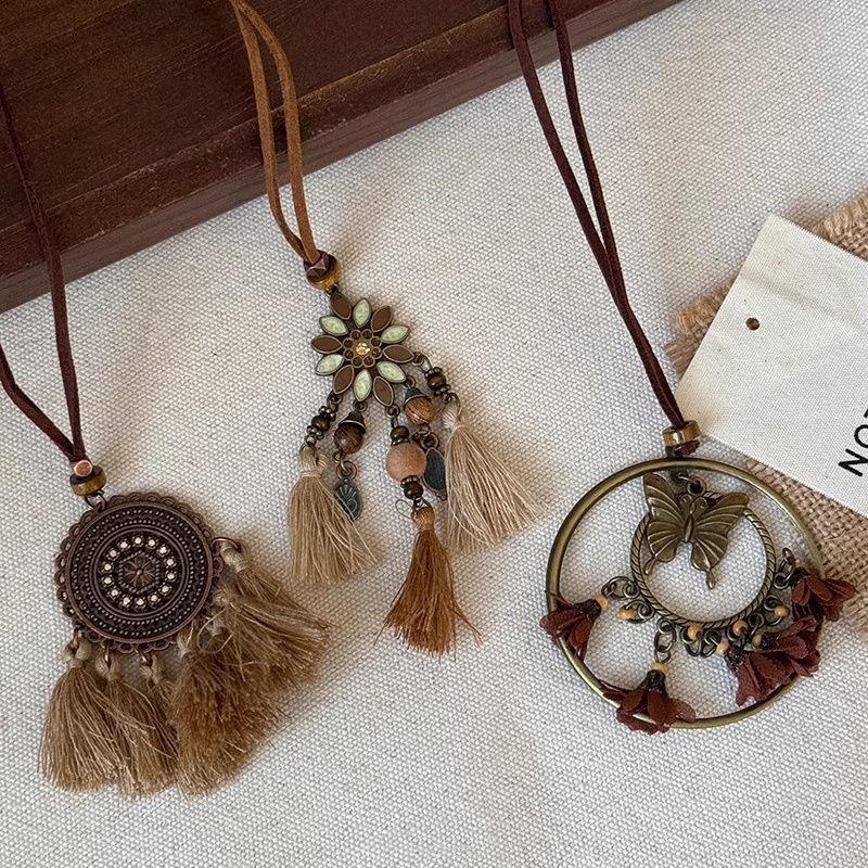 Bohemian Coffee Vintage Tassel Necklace, Ethnic Butterfly Pendant, 2025 Sweater Chain.
