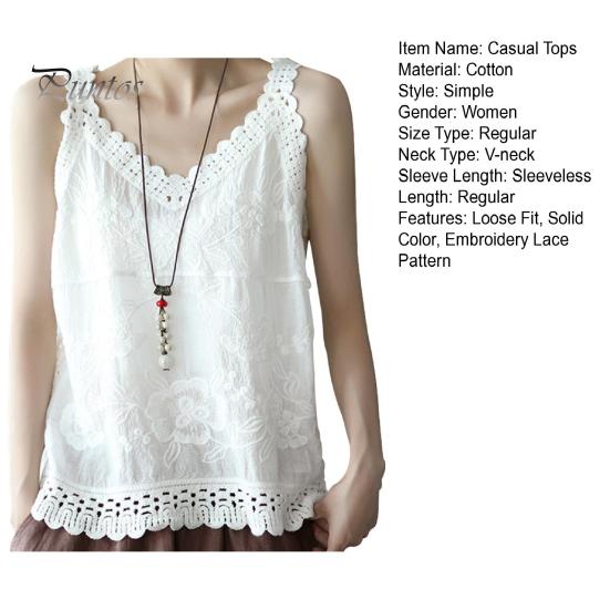 Dame Sommer Tank Tops V-hals Ermeløs Ensfarge Loose Fit Casual Bluse Broderi Blondemønster Sling Topper