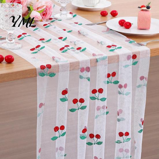 Elegant Event Table Liners Sheer Tulle Runner, Strawberry Cherry Lemon Pattern, Summer Runner Overlay, Seasonal Fruit for Birthday Party Wedding Decor