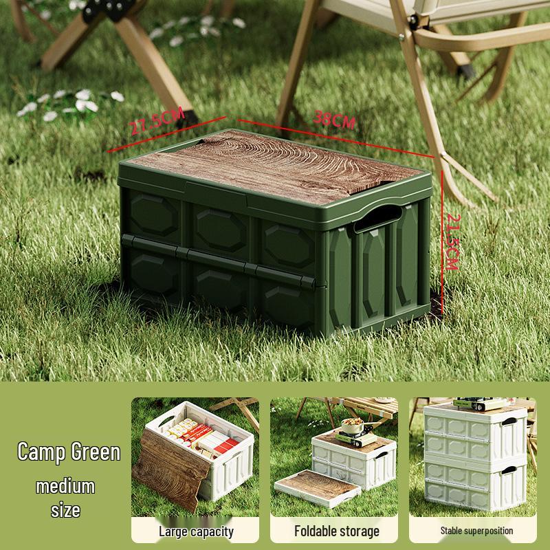 Foldable Outdoor Camping Storage Box with Wooden Lid - Perfect for Picnics, Car Trunks, and Home Use