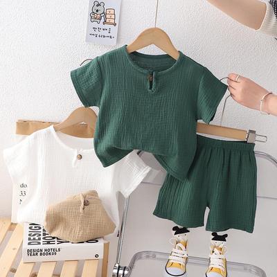 Summer Cotton Linen Boys' Crew Neck Short Sleeve and Shorts Two-Piece Set
