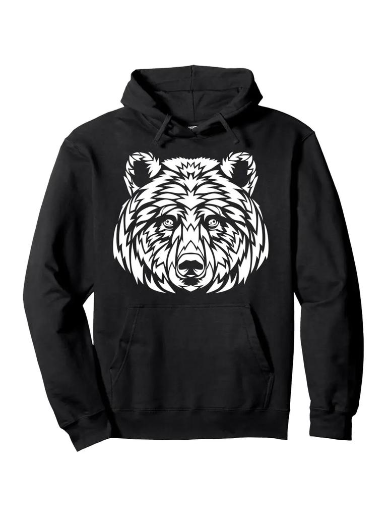 Tribal Ink Bear Face Hoodie - Black Pullover Sweatshirt with White Graphic