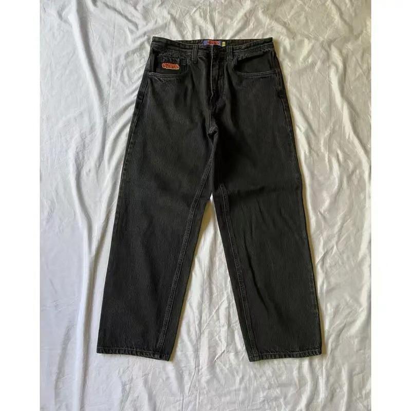 Mens Black Straight Fit Denim Skateboard Pants With Embroidery Mid-Rise Loose Streetwear Casual Wear