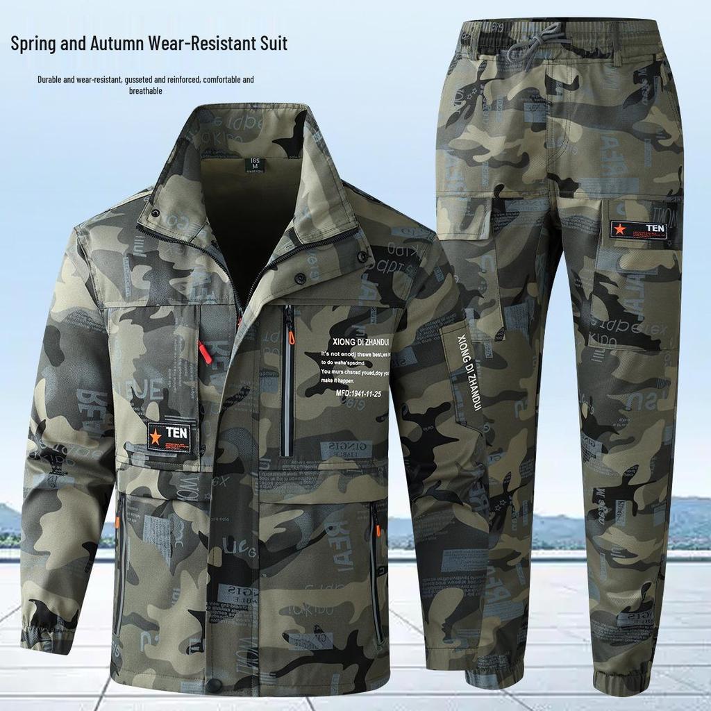 Men's Camouflage Workwear Set, Wear-Resistant Polyester-Cotton with Reflective Strips, Thickened for Spring & Autumn Outdoor Use