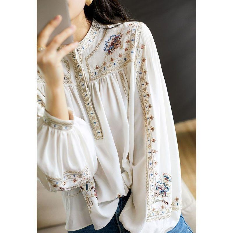 Printed Shirt for Women Spring and Autumn Stand Up Collar Bohemian Style Loose Shirt Top