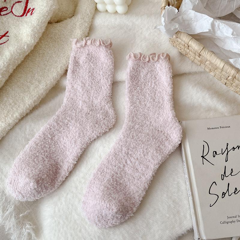 Fungus Edge Coral Fleece Socks Women'S Winter Warm Feet Thickened Warm Medium Tube Home Floor Socks Lace Solid Color Women'S Socks