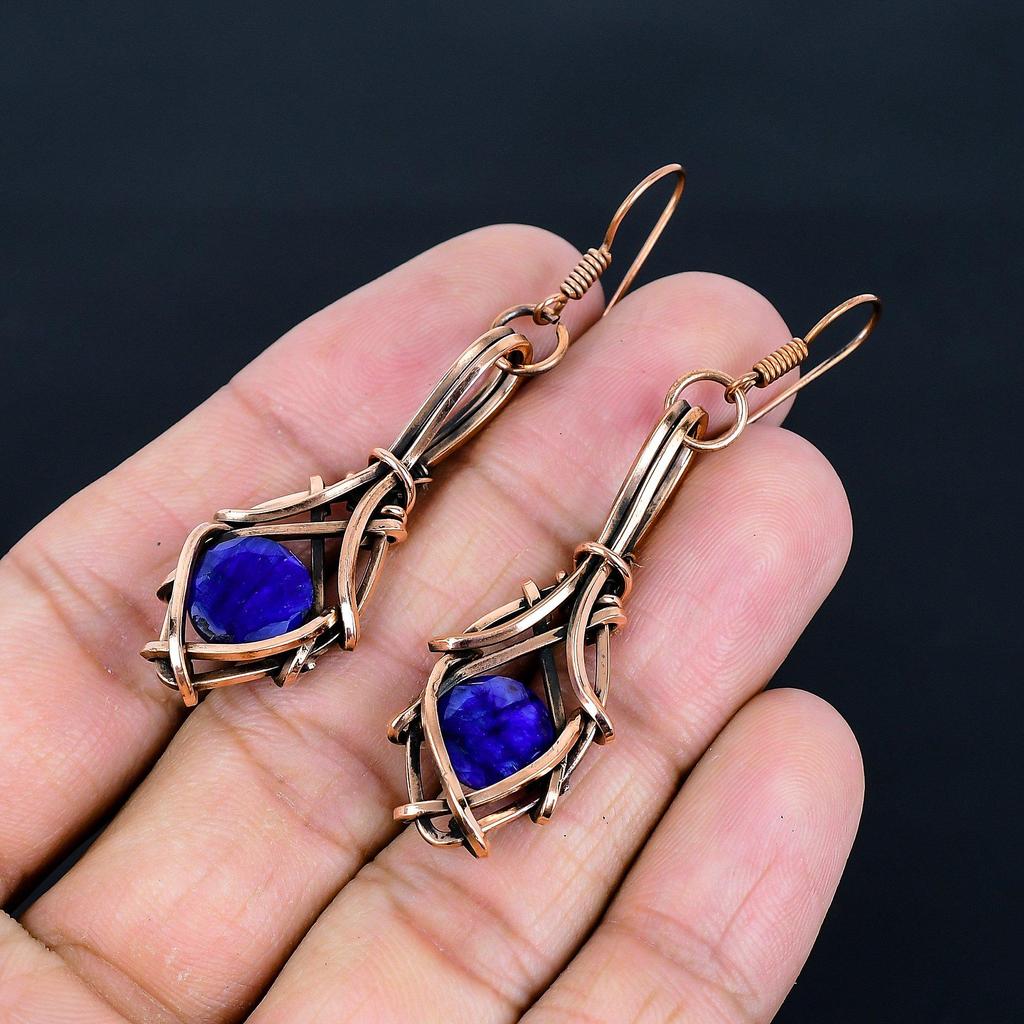 Blue Sapphire Earrings, Handmade Gemstone Earrings, 999 Copper Wire Wrapped Earrings Antique Jewelry, For Engagement Gift