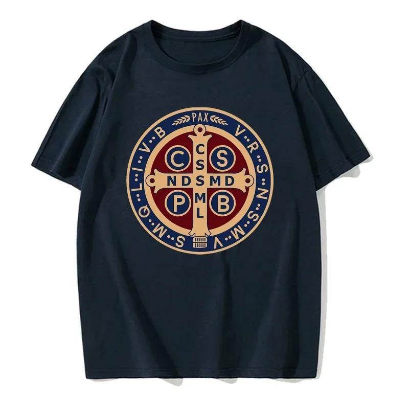 The Saint Benedict Medal Catholic Pullover Tees Camisas Men Slim Fit Mens T Shirt Printed T Shirt Cotton