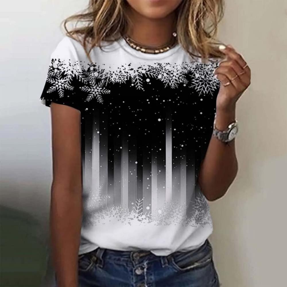 Sommermode Schneeflocke 3D-Druck T-Shirts Damen Streetwear Lässig Neu Y2k Kurzarm T-Shirt Rundhals Tees Tops Kleidung