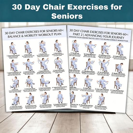 2Pcs Chair Exercise for Seniors 30-Day Plan Poster Seated Tai Chi Workout Chart for Elderly Low Impact Mobility Fitness
