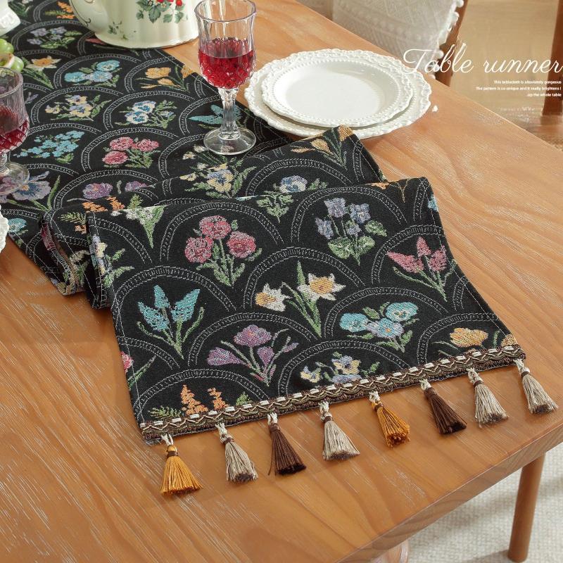 

American Retro Pastoral Table Runner Color Woven Jacquard Fringe Long Strip Cover Fabric Living Room Coffee Table TV Cabinet Decorative Table Flag 33*120cm (including tassels)