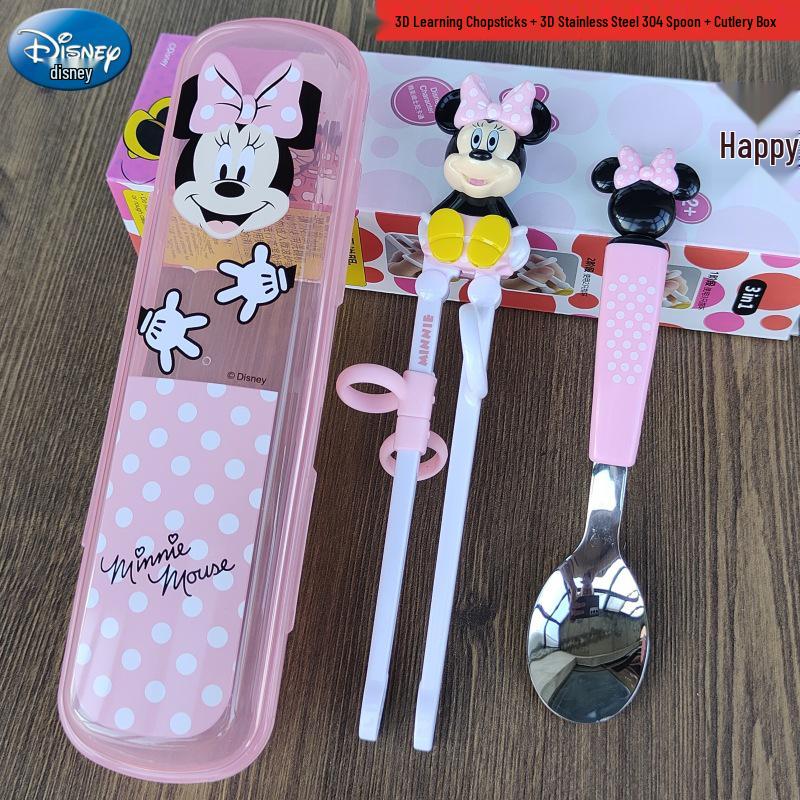 Disney 3D Cartoon Children's Stainless Steel Cutlery Set: Fork, Spoon, and Training Chopsticks
