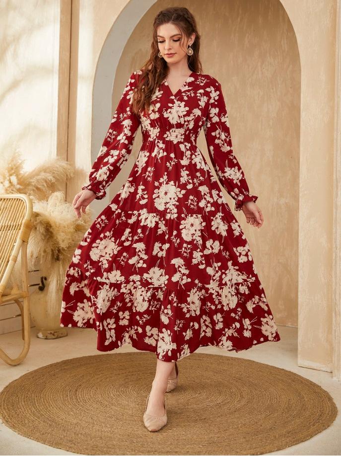 European and American Autumn Hot Sale Women's Clothing Printed Cake Long Dress Long Sleeve Fashion Dress