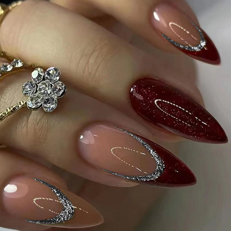 French Style Almond Nail Tips With Champagne Glitter - Removable Press-On Nails Sweet Edgy Look Adhesive Type
