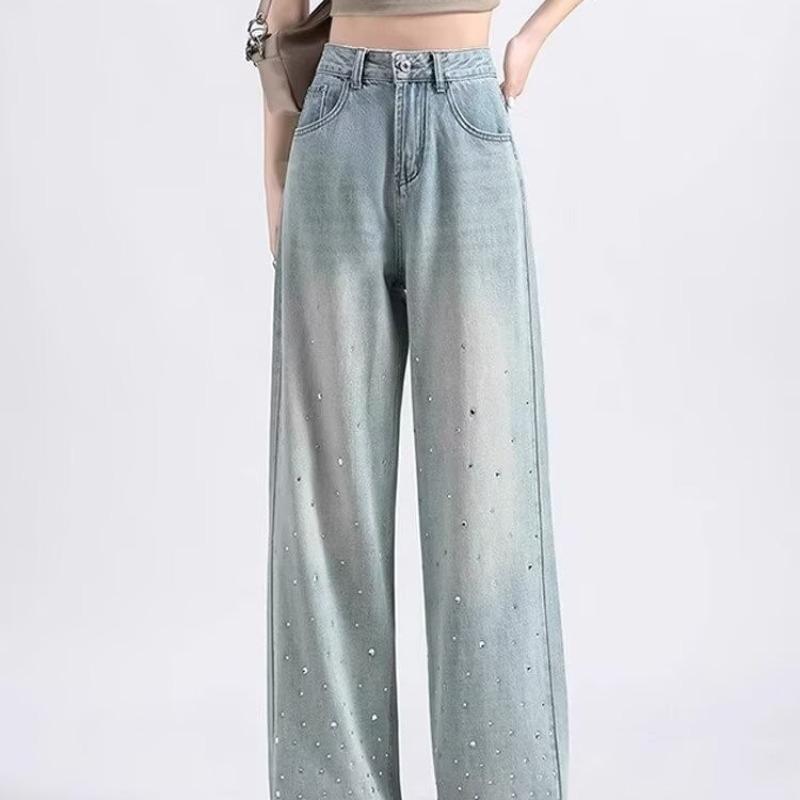 Spring & Autumn 2025 Women's High-Waisted Light Wide-Leg Jeans: Trendy Versatile Slimming Straight-Leg with Hot Drill Design.