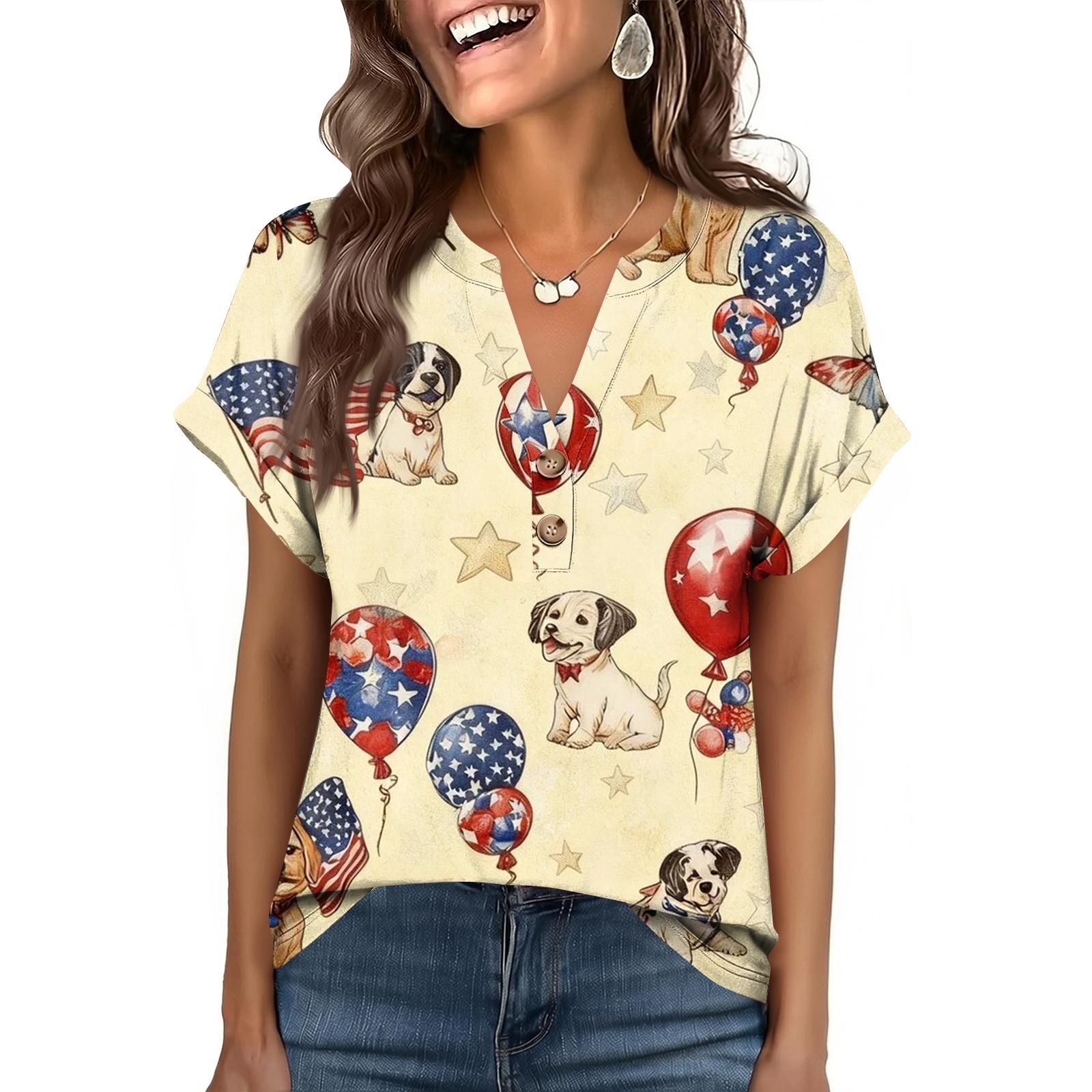 

Женская модная повседневная свободная футболка с коротким рукавом, на пуговицах, с V-образным вырезом и принтом L бежевый