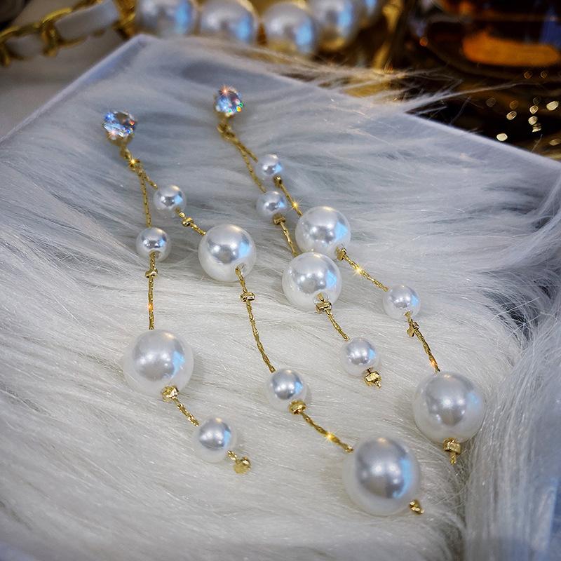 S925 Silver Needle Long Imitation Pearl Tassel Earrings Temperament Net Red High-end Temperament Earrings Jewelry Oorbellen