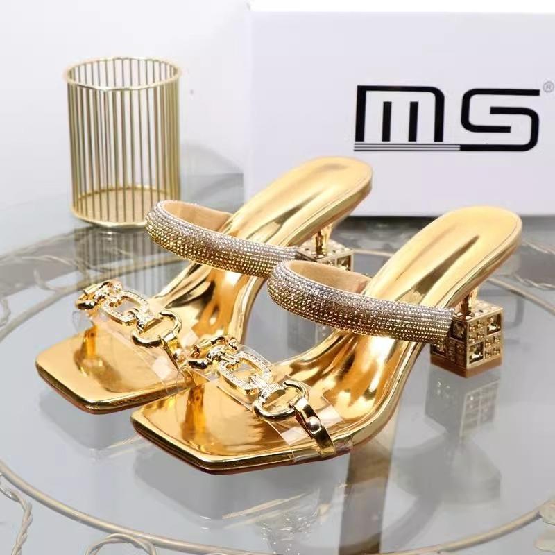 Fashion Fashion Women Slippers Summer New Square Head Heels Shallow Mouth Crystal Metal Buckle Woman Shoes Temperament Women's Sandals