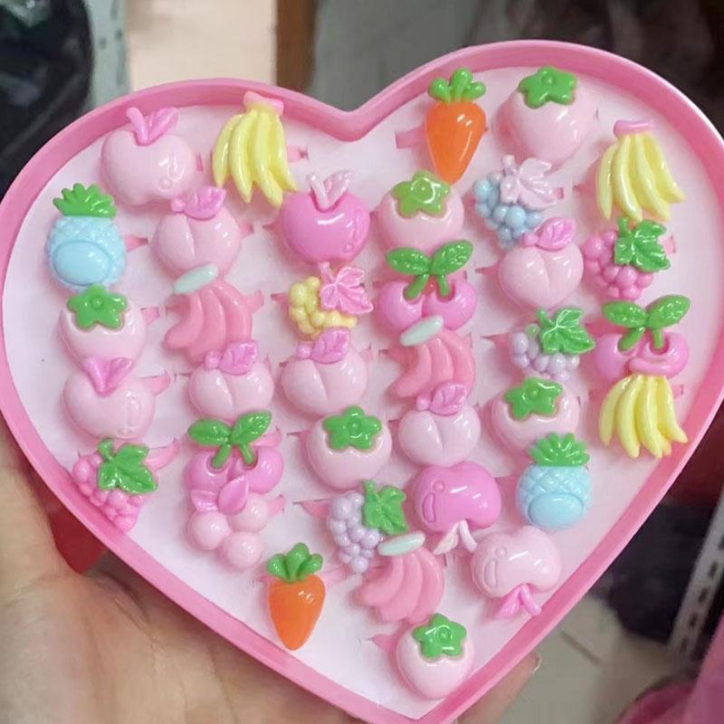 10pcs/Lot Cute Children's Cartoon Rings Glitter Flower Fruit Shape Plastic Adjustable Ope Excluding boxes