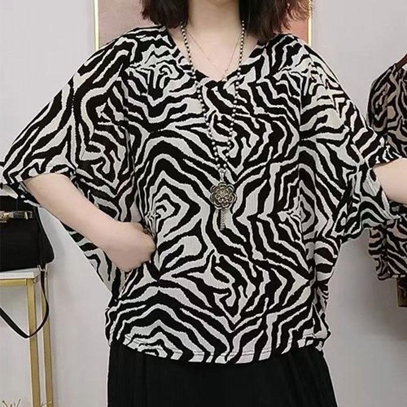 Casual Batwing Sleeve Striped Shirt Summer Loose V-Neck Vintage Printed Women's Clothing Stylish Spliced Basic Commute Blouse