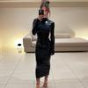 Solid Color High Waist Fitted Long Dress With Round Neck Fly Sleeve Street Style Women
