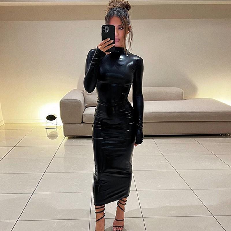Solid Color High Waist Fitted Long Dress With Round Neck Fly Sleeve Street Style Women