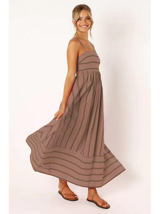 Spring/Summer 2024 Striped Off-Shoulder Wide-Hem Camisole Dress - Fresh Casual Vacation Style