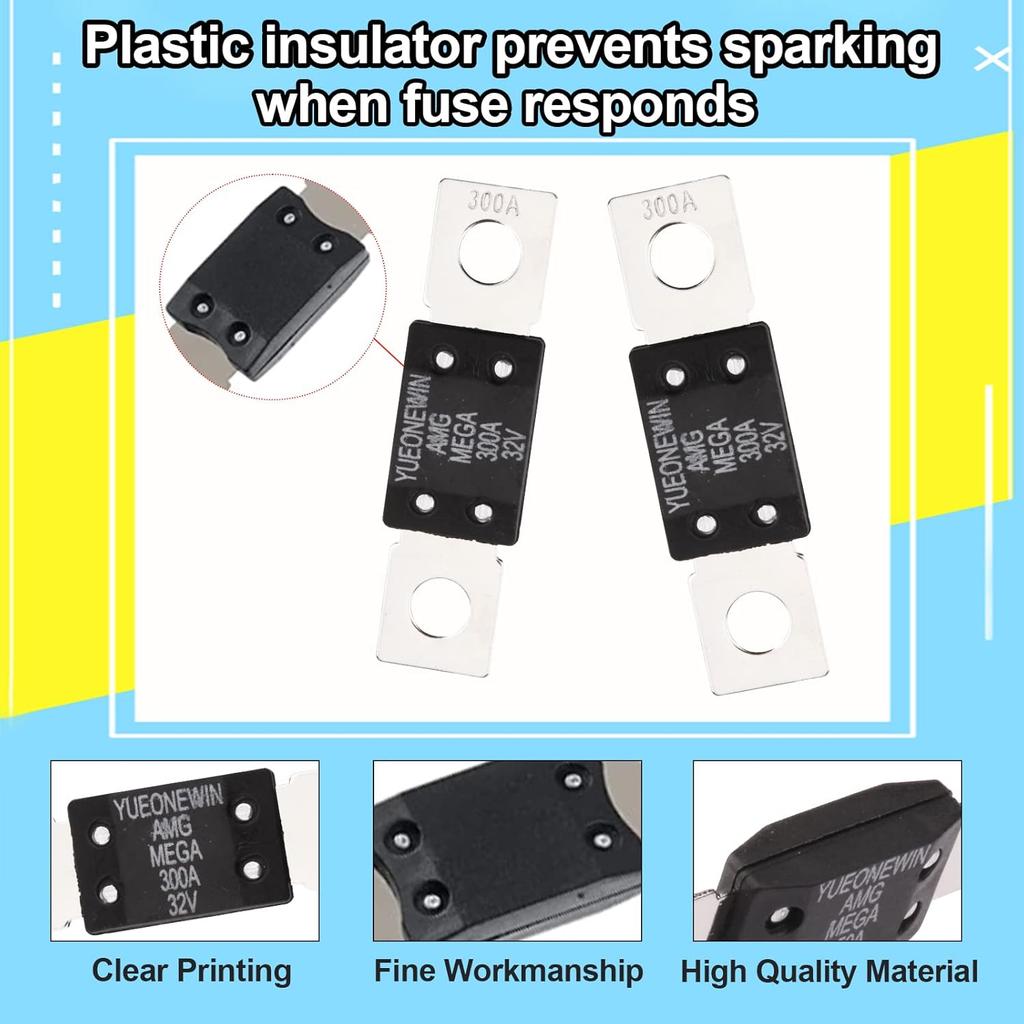 300A MEGA/AMG Fuses, 6 Pcs 300A MEGA/AMG High Current Fuse Bolt Down Auto Fuse Time Delay for Cars, Trucks, Construction Vehicles, Buses, Caravans,