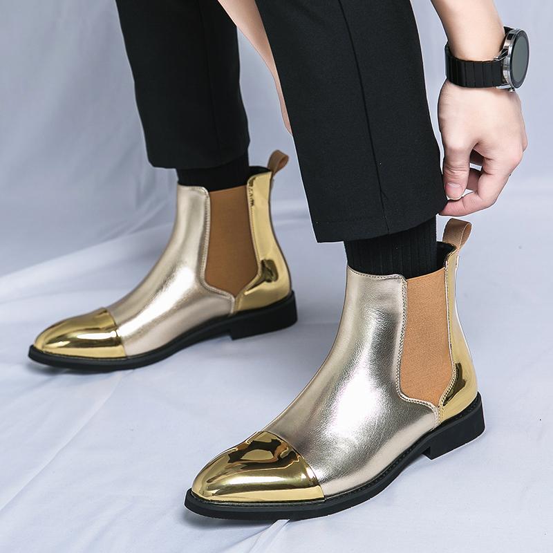Luxury Gold Men's Chelsea Boots Plus Size 46 Leather Dress Shoes Men Ankle Boots Pointed Elegant Social Shoes Man zapatos hombre