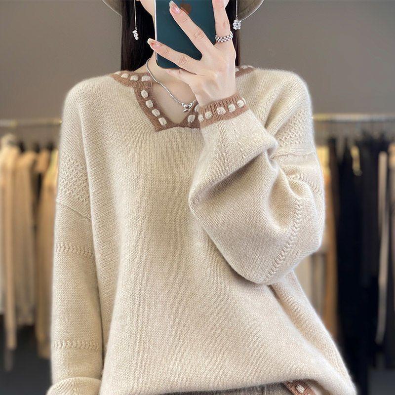 Korean Style Oversized Loose Knit Sweater Casual V Neck Pullover Color Block Tops for Women Autumn