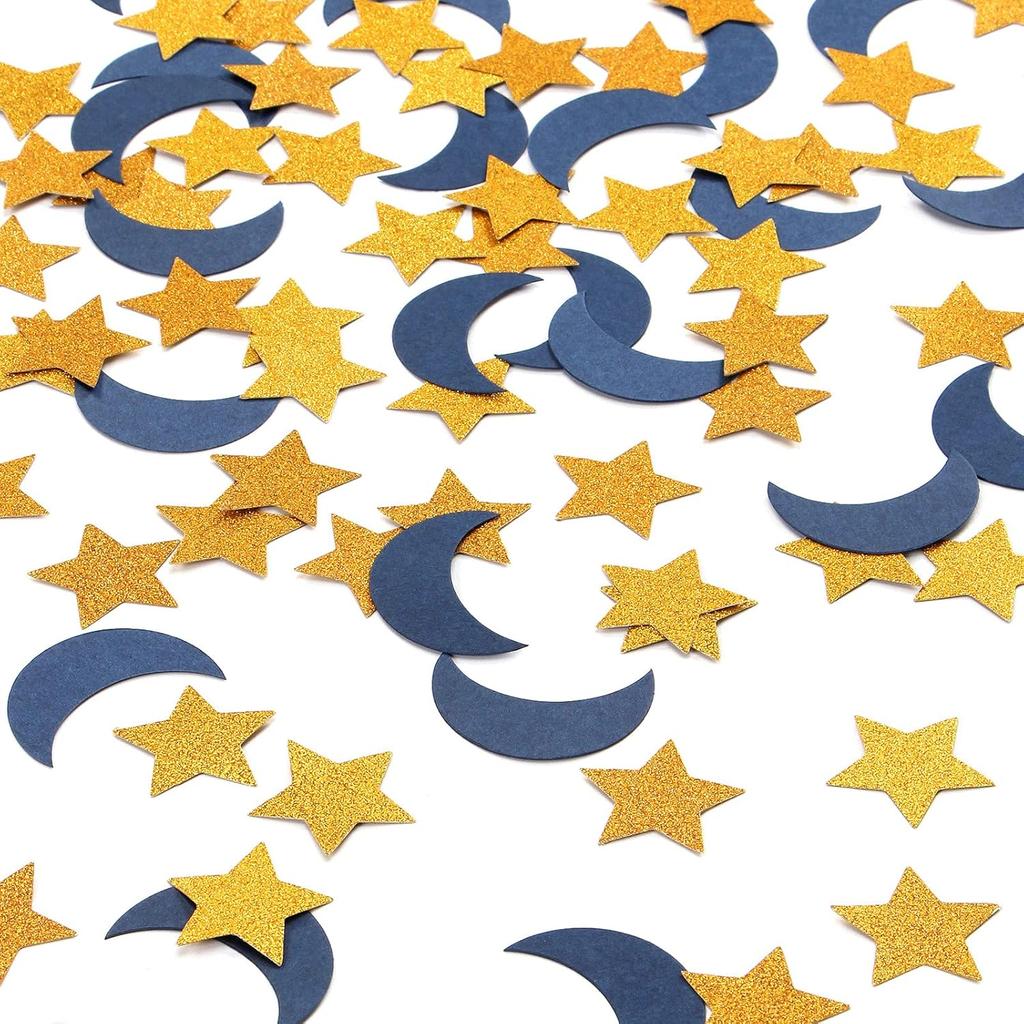 Navy-Blue Moon Gold Star Confetti - 300pcs Glitter Twinkle Little Star Table Confetti Eid Ramadan Mubarak Decoration Birthday Wedding Baby Shower