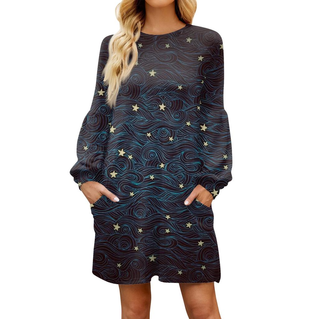 Fashionable Ladies Star Print Autumn Long Sleeve Casual Loose Dress